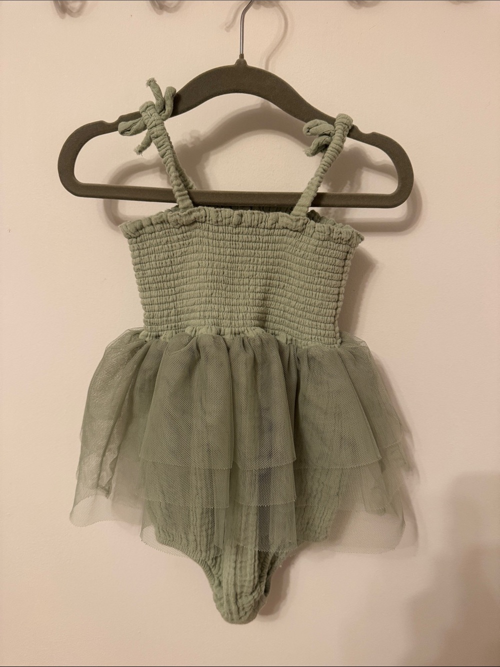 Angel Dear Sage Green Tulle One-Piece with Smocked Bodice